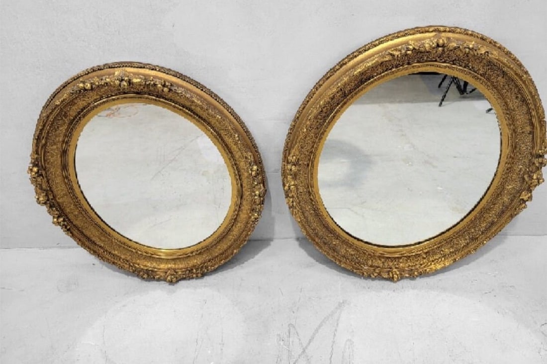 Antique French Napoleon III Gold Gilded Oval Wall Mirrors - Set of 2 (1 of 10)