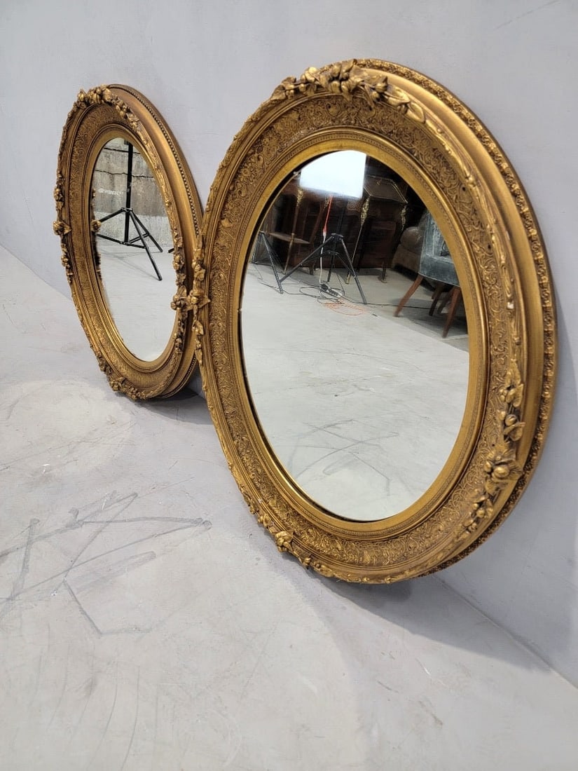 Antique French Napoleon III Gold Gilded Oval Wall Mirrors - Set of 2 - 3