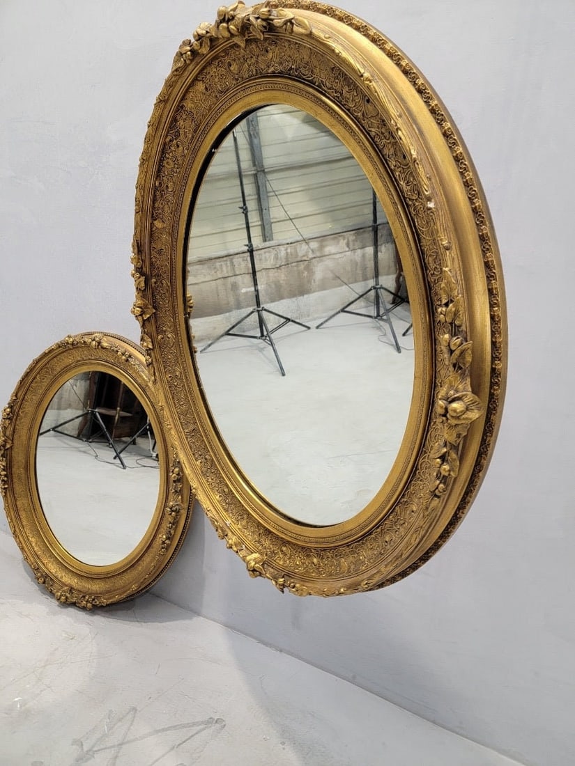 Antique French Napoleon III Gold Gilded Oval Wall Mirrors - Set of 2 - 7