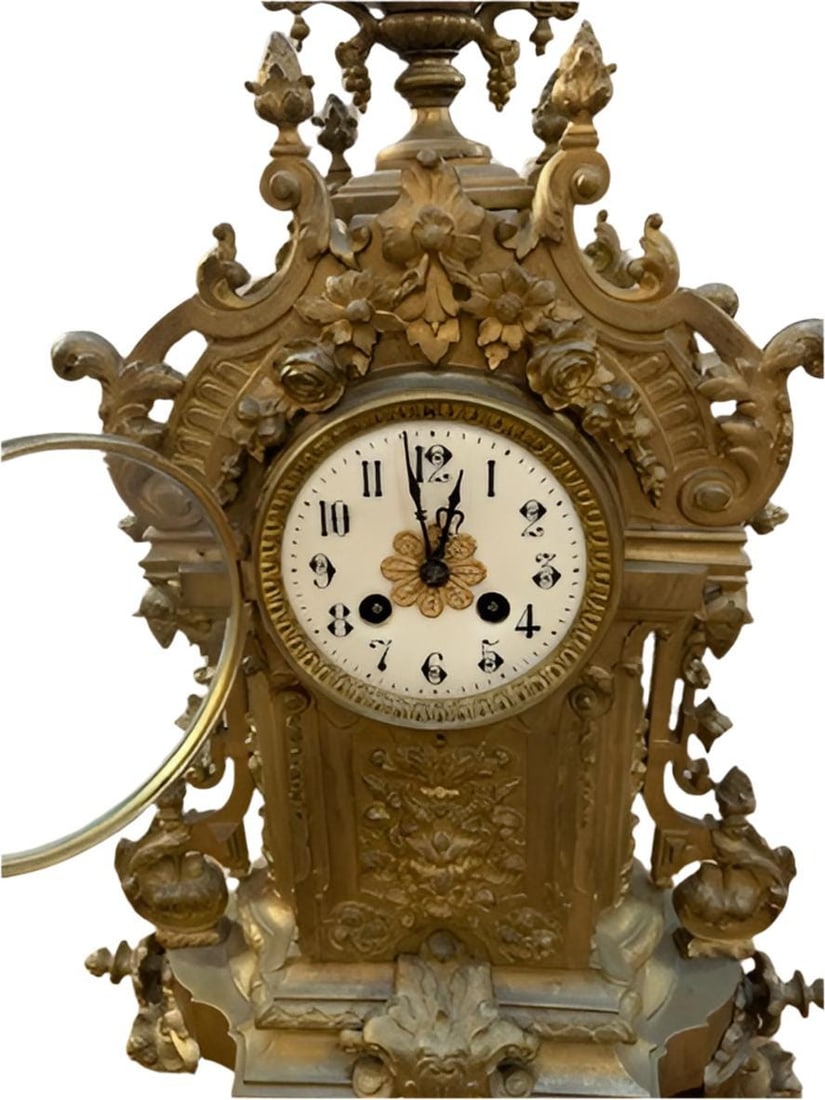 Antique Art Nouveau Brass Ornate Mantle Clock and 2 Candelabras - Garniture Set - 10