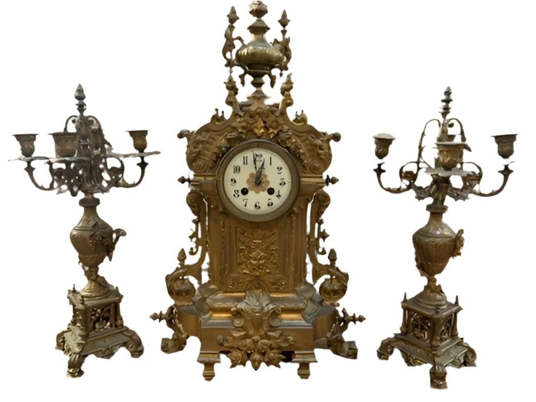 Antique Art Nouveau Brass Ornate Mantle Clock and 2 Candelabras - Garniture Set (1 of 10)