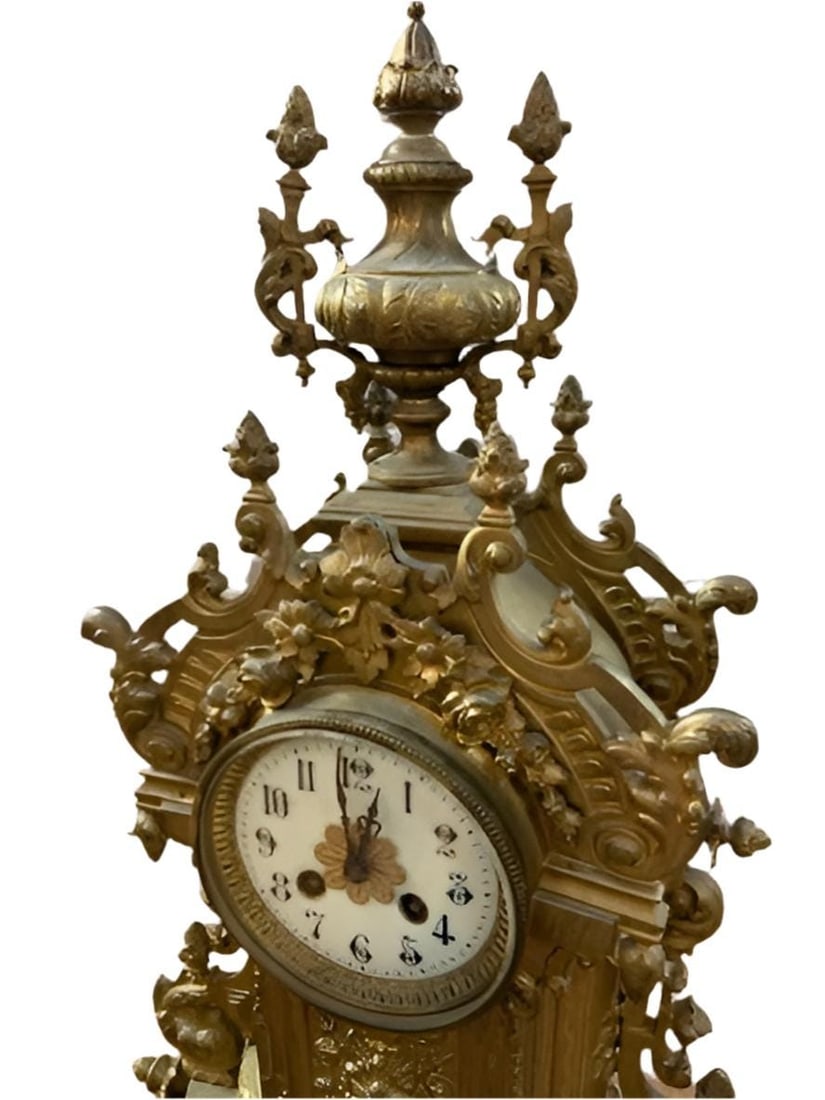 Antique Art Nouveau Brass Ornate Mantle Clock and 2 Candelabras - Garniture Set - 3