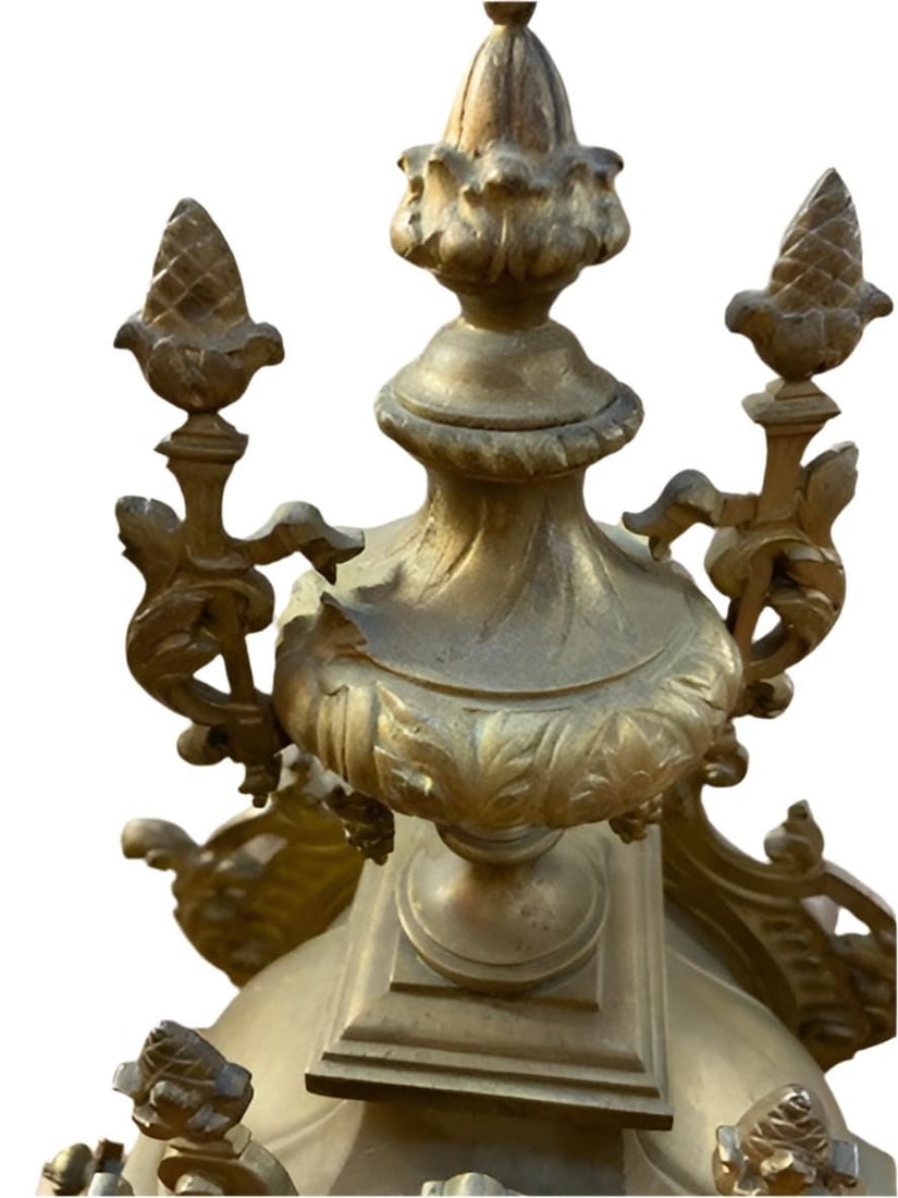 Antique Art Nouveau Brass Ornate Mantle Clock and 2 Candelabras - Garniture Set - 4