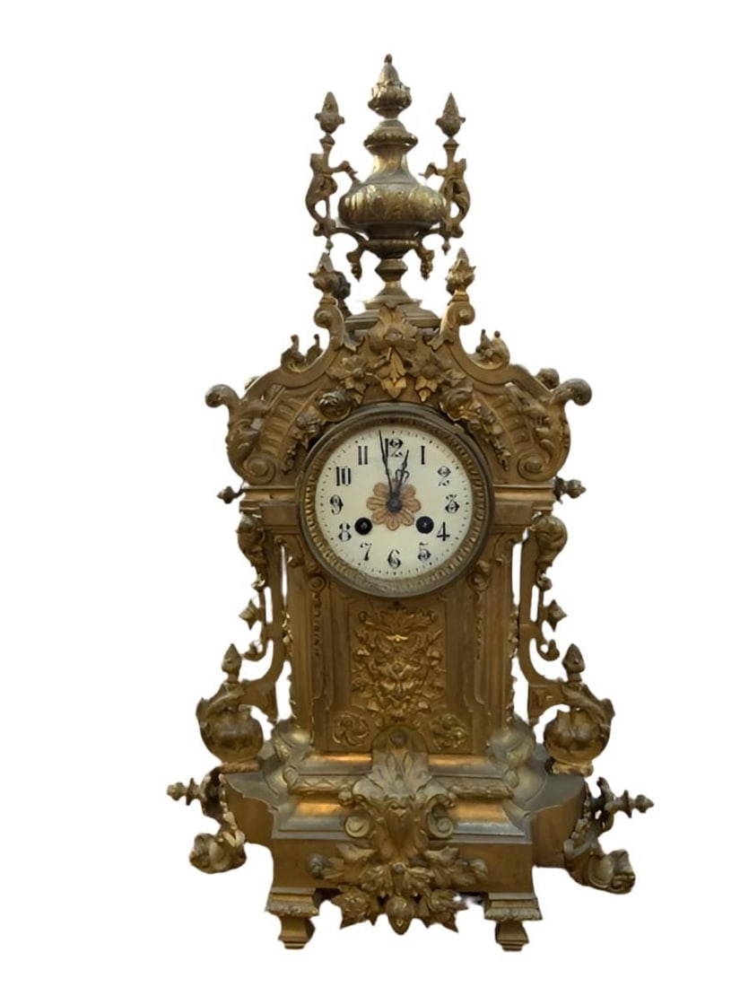 Antique Art Nouveau Brass Ornate Mantle Clock and 2 Candelabras - Garniture Set - 6