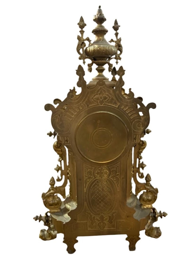 Antique Art Nouveau Brass Ornate Mantle Clock and 2 Candelabras - Garniture Set - 9