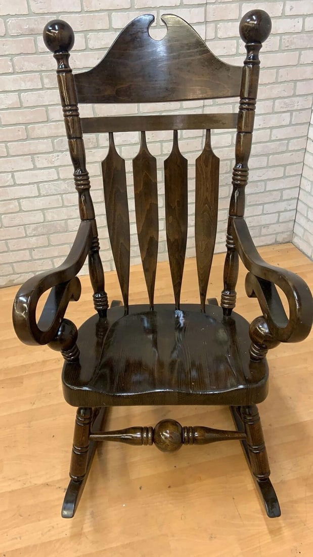 Vintage High Back Wood Rocking Chair: Title: Vintage High Back Wood Rocking Chair Description: Materials: wood Overall width: 28 inches Overall height: 49 inches Overall depth: 35 inches Seat height: 18 inches Vintage Yugoslavian High Bac