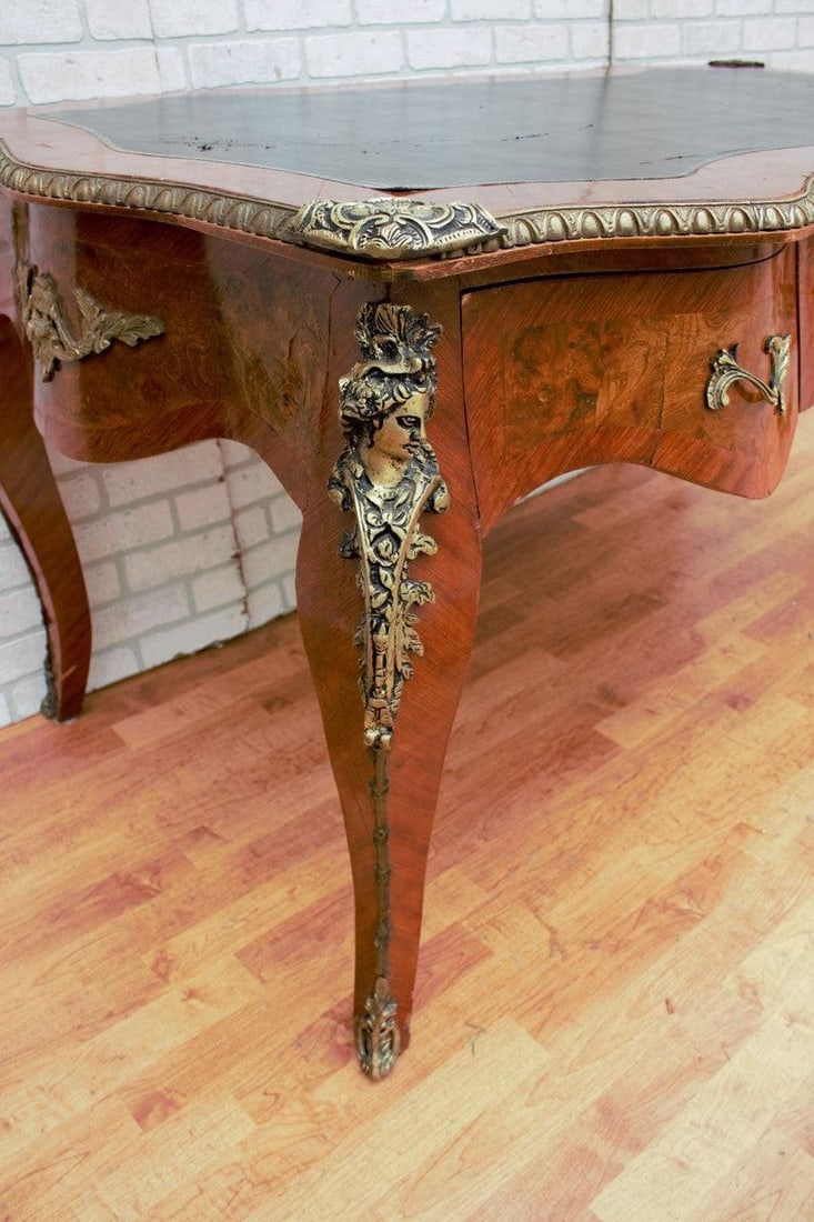 Antique French Louis XV Style Ornate Leather Top Bureau Plat Desk with Figural Mounts - 10