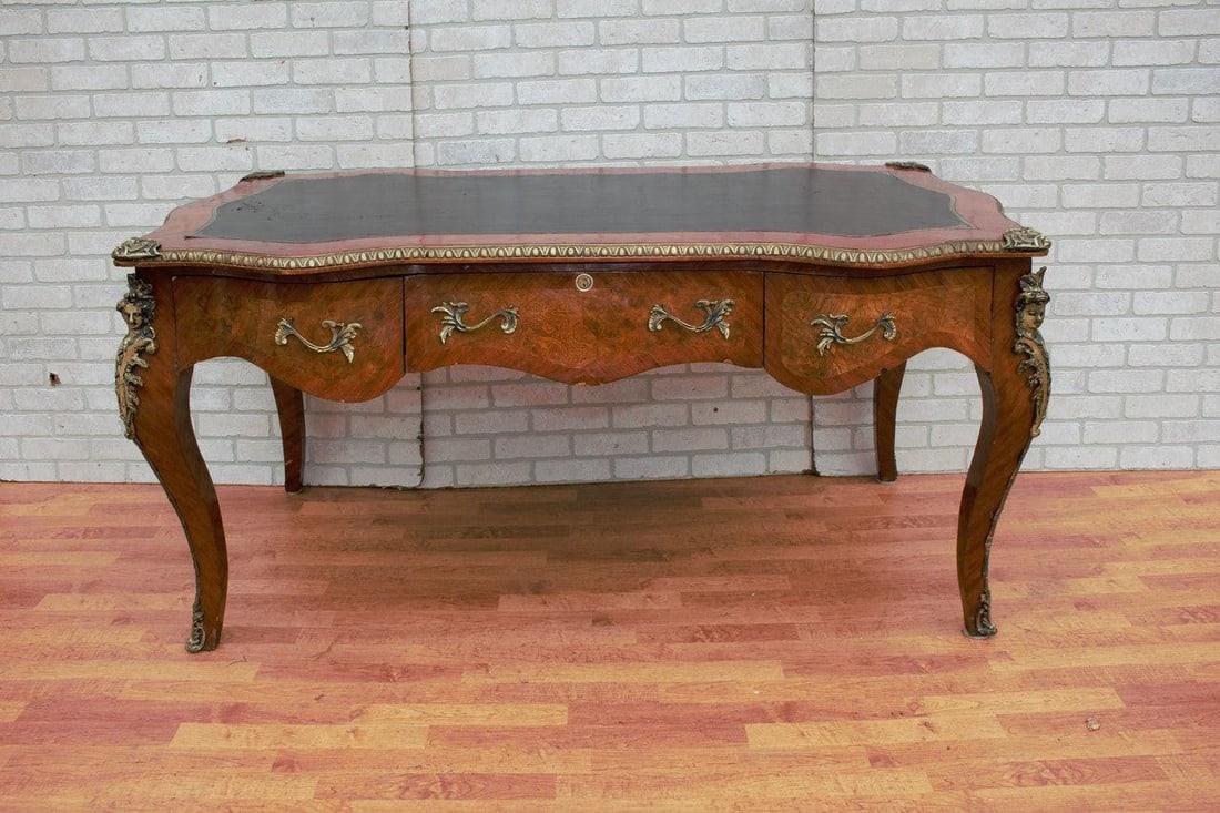 Antique French Louis XV Style Ornate Leather Top Bureau Plat Desk with Figural Mounts - 2