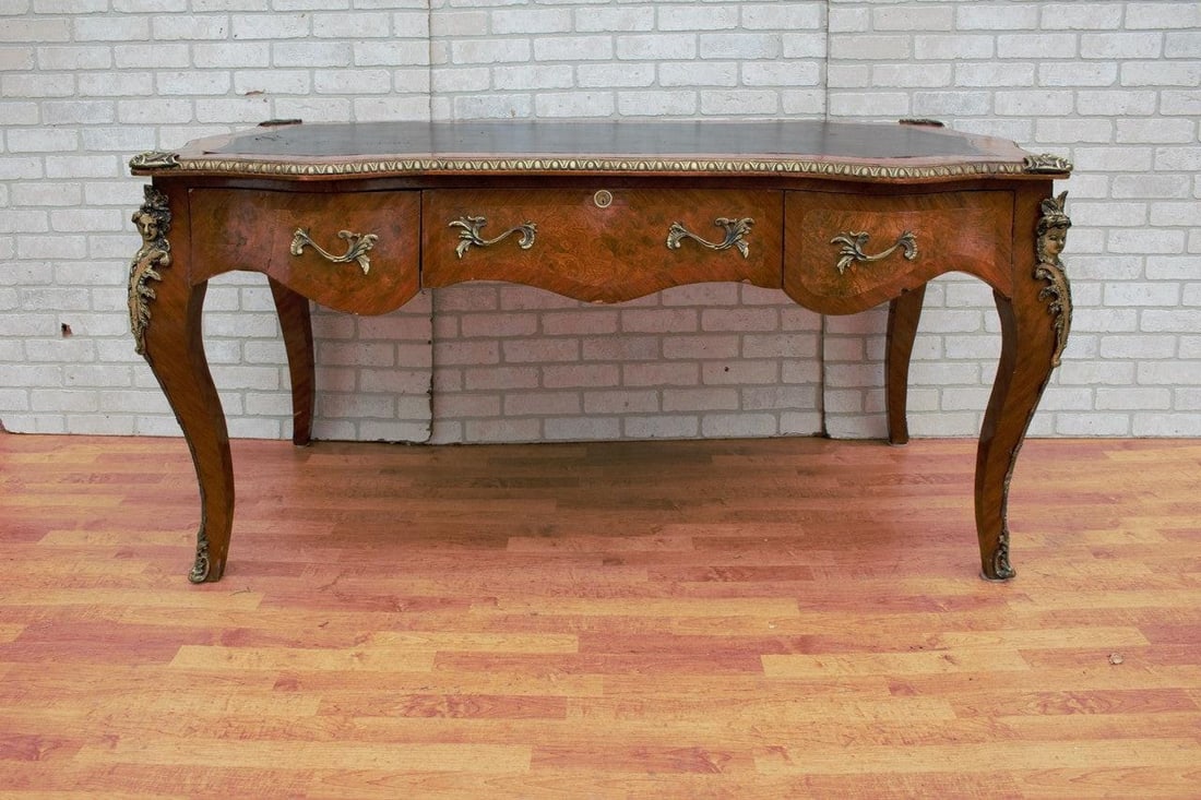 Antique French Louis XV Style Ornate Leather Top Bureau Plat Desk with Figural Mounts - 3