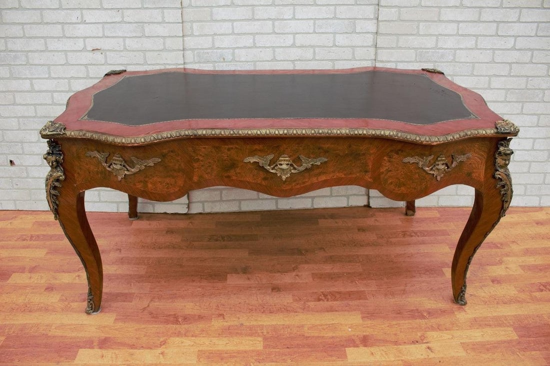 Antique French Louis XV Style Ornate Leather Top Bureau Plat Desk with Figural Mounts - 5