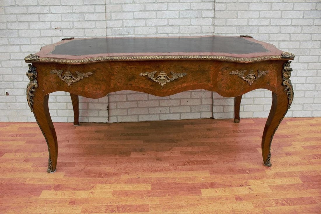 Antique French Louis XV Style Ornate Leather Top Bureau Plat Desk with Figural Mounts - 6