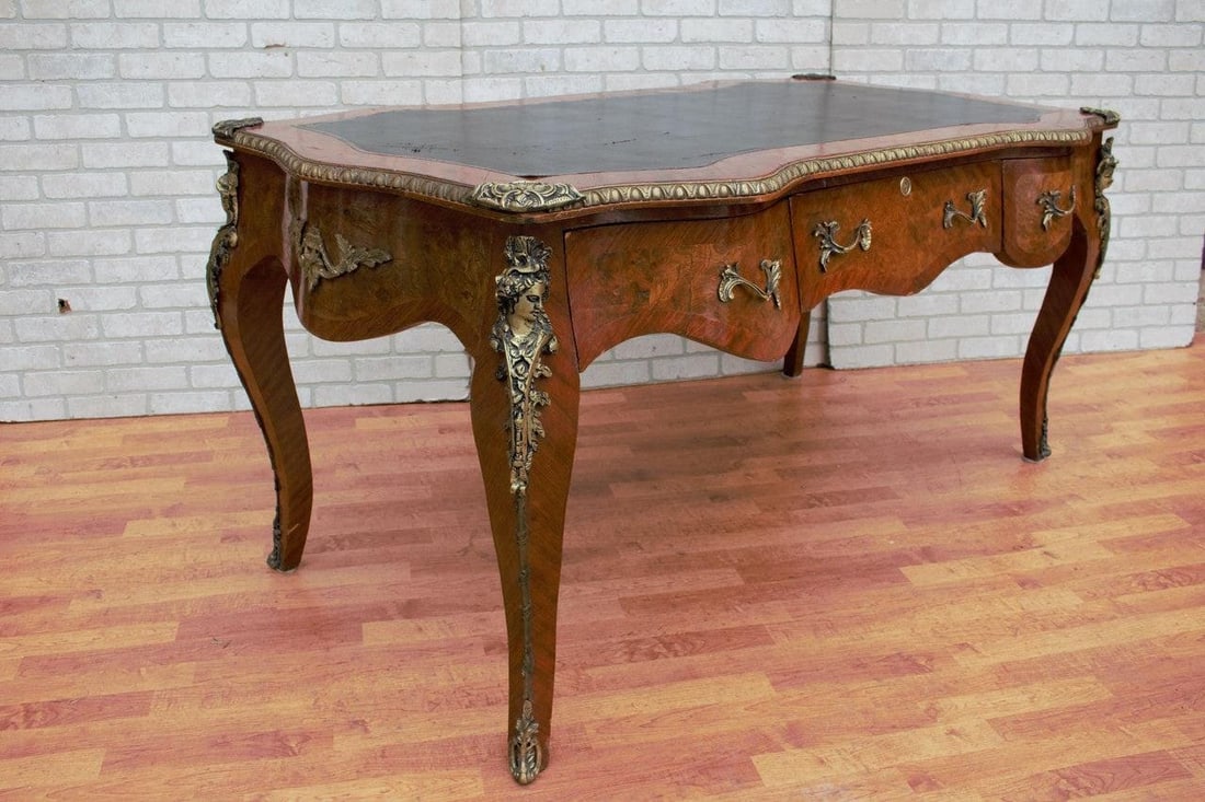 Antique French Louis XV Style Ornate Leather Top Bureau Plat Desk with Figural Mounts - 7
