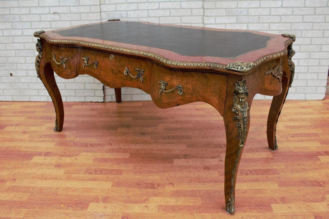Antique French Louis XV Style Ornate Leather Top Bureau Plat Desk with Figural Mounts - 8