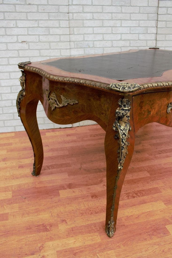Antique French Louis XV Style Ornate Leather Top Bureau Plat Desk with Figural Mounts - 9