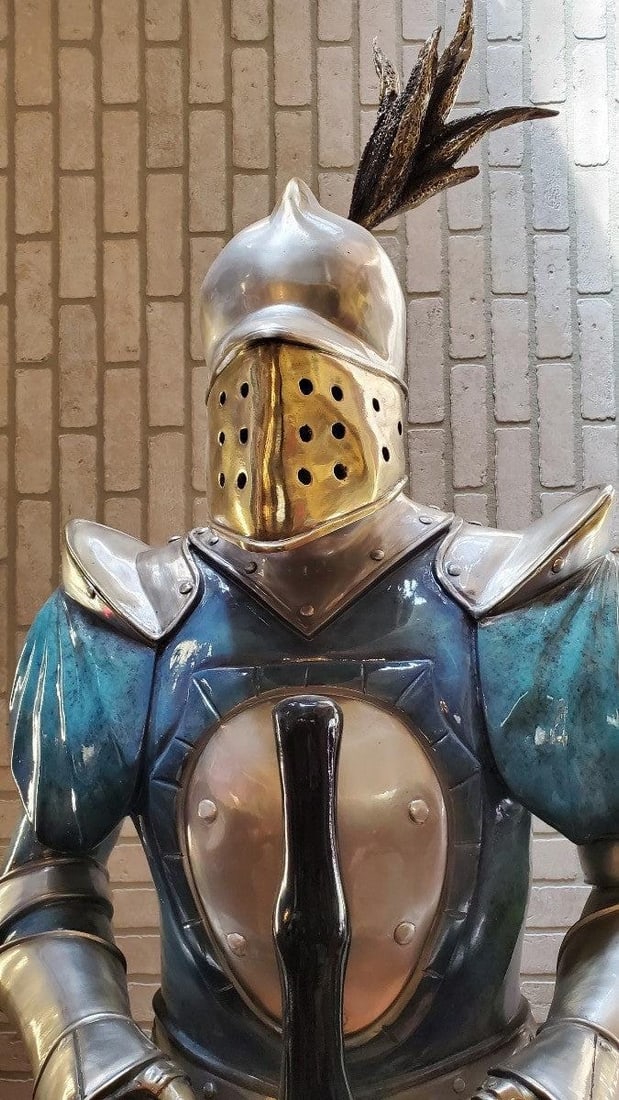 Vintage Life Size Medieval Bronze Knight Statues on Mounted Bronze Stands - Pair - 10