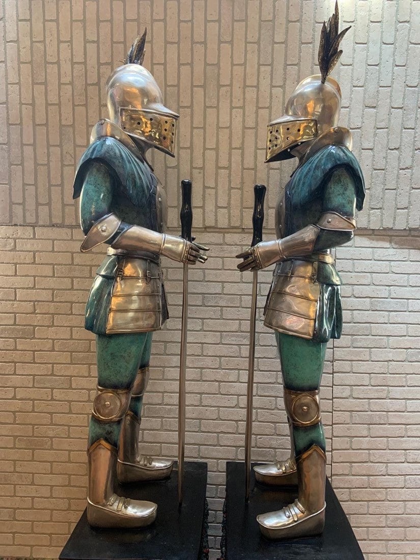 Vintage Life Size Medieval Bronze Knight Statues on Mounted Bronze Stands - Pair - 4