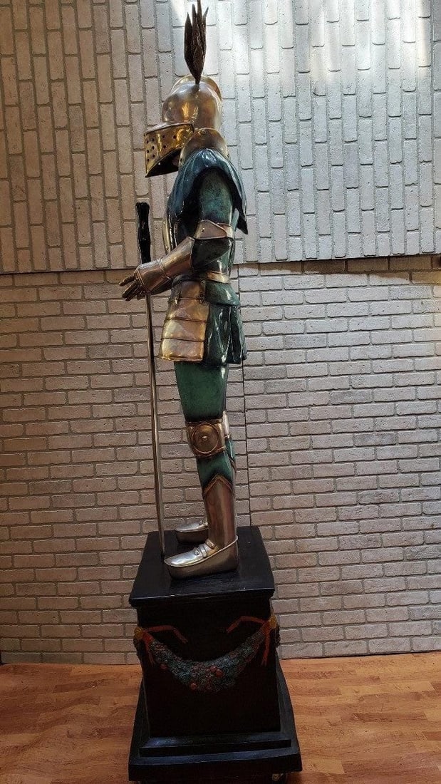 Vintage Life Size Medieval Bronze Knight Statues on Mounted Bronze Stands - Pair - 7