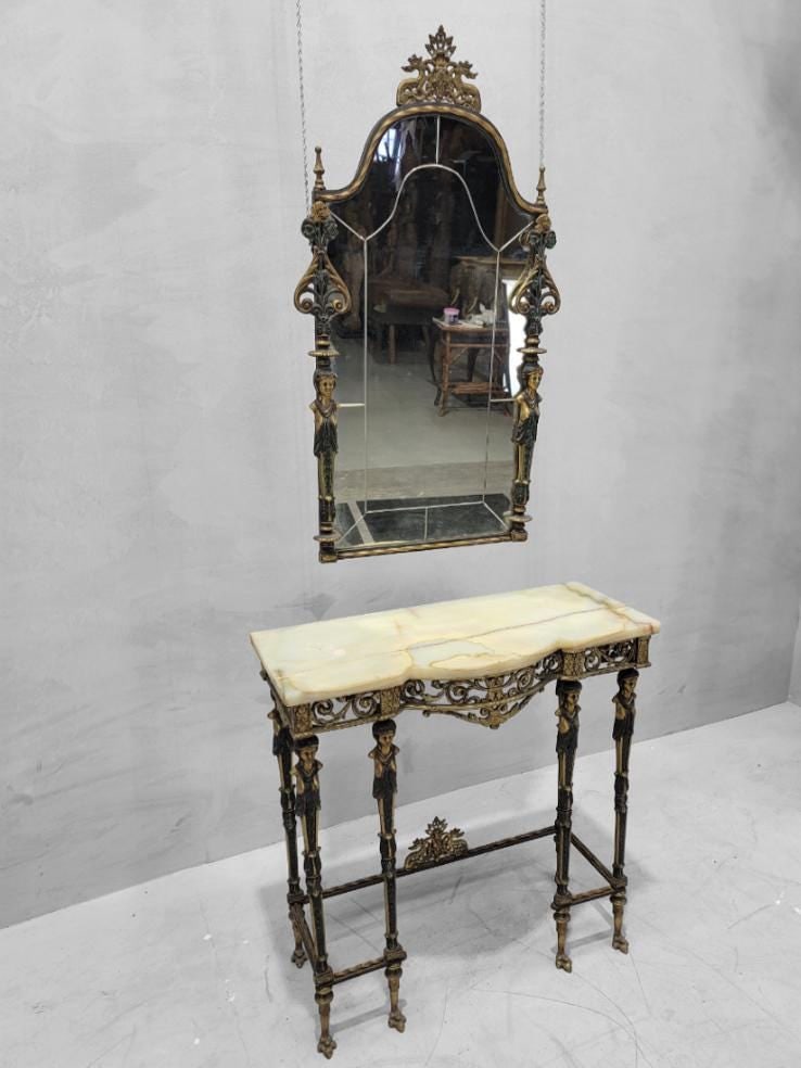Antique Oscar Bach Style Ornate Figural Bronze Onyx Console with Beveled Wall Mirror - 2