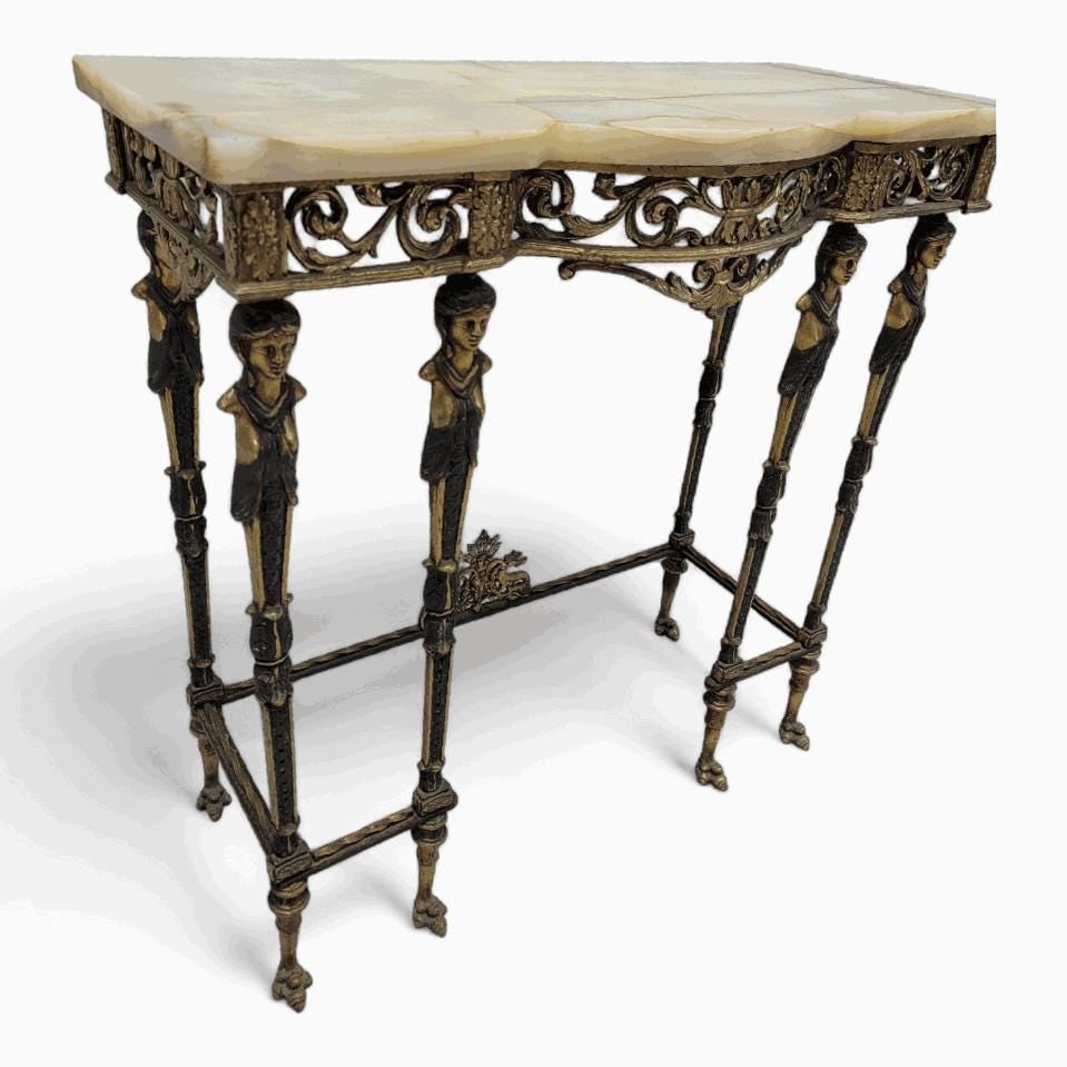 Antique Oscar Bach Style Ornate Figural Bronze Onyx Console with Beveled Wall Mirror - 5