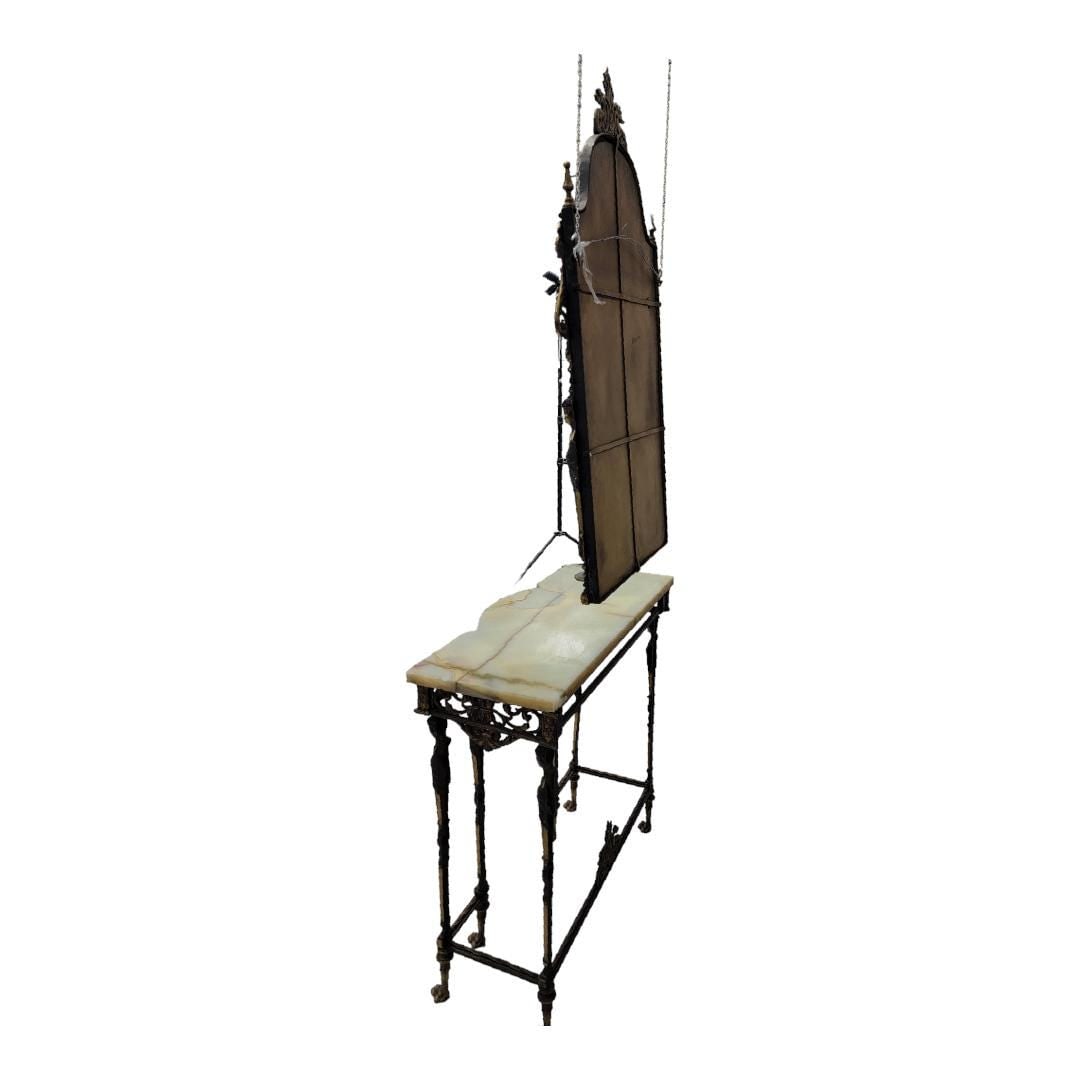 Antique Oscar Bach Style Ornate Figural Bronze Onyx Console with Beveled Wall Mirror - 9