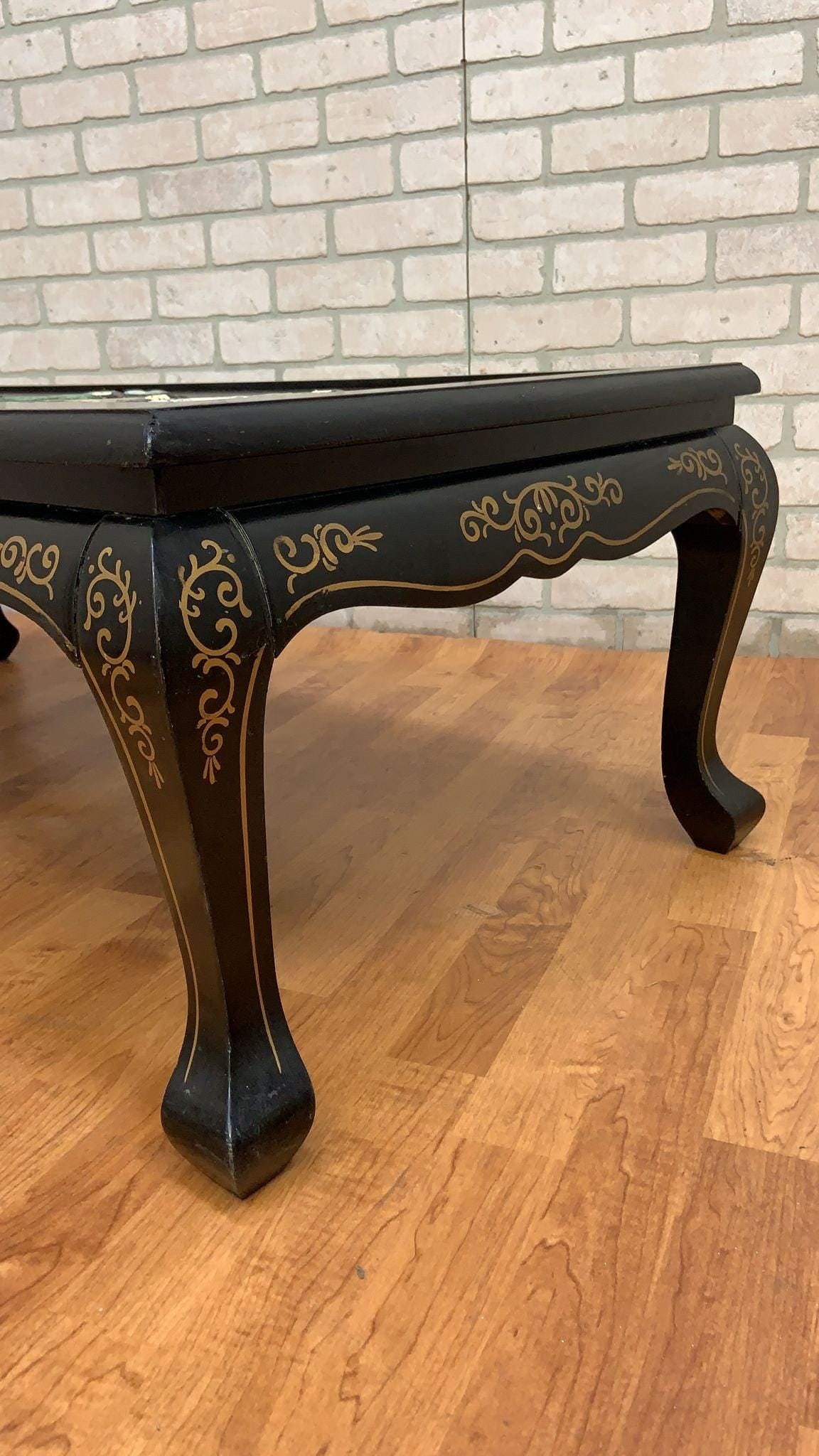 Mid Century Modern Black Lacquer Chinoiserie Coffee Table with Mother Of Pearl Inlays - 6