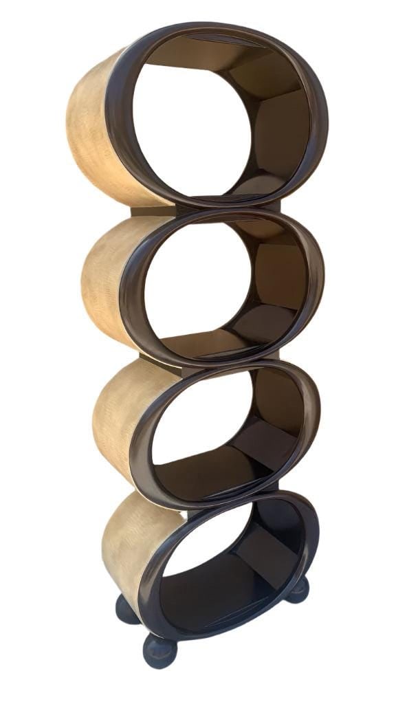 Hollywood Regency Snake Embossed Leather Stacked Etagere Shelving Unit: Title: Hollywood Regency Snake Embossed Leather Stacked Etagere Shelving Unit Description: Vintage Hollywood Regency Custom Espresso Crème Snake Embossed Leather and Mahogany Oval Stacked Etagere