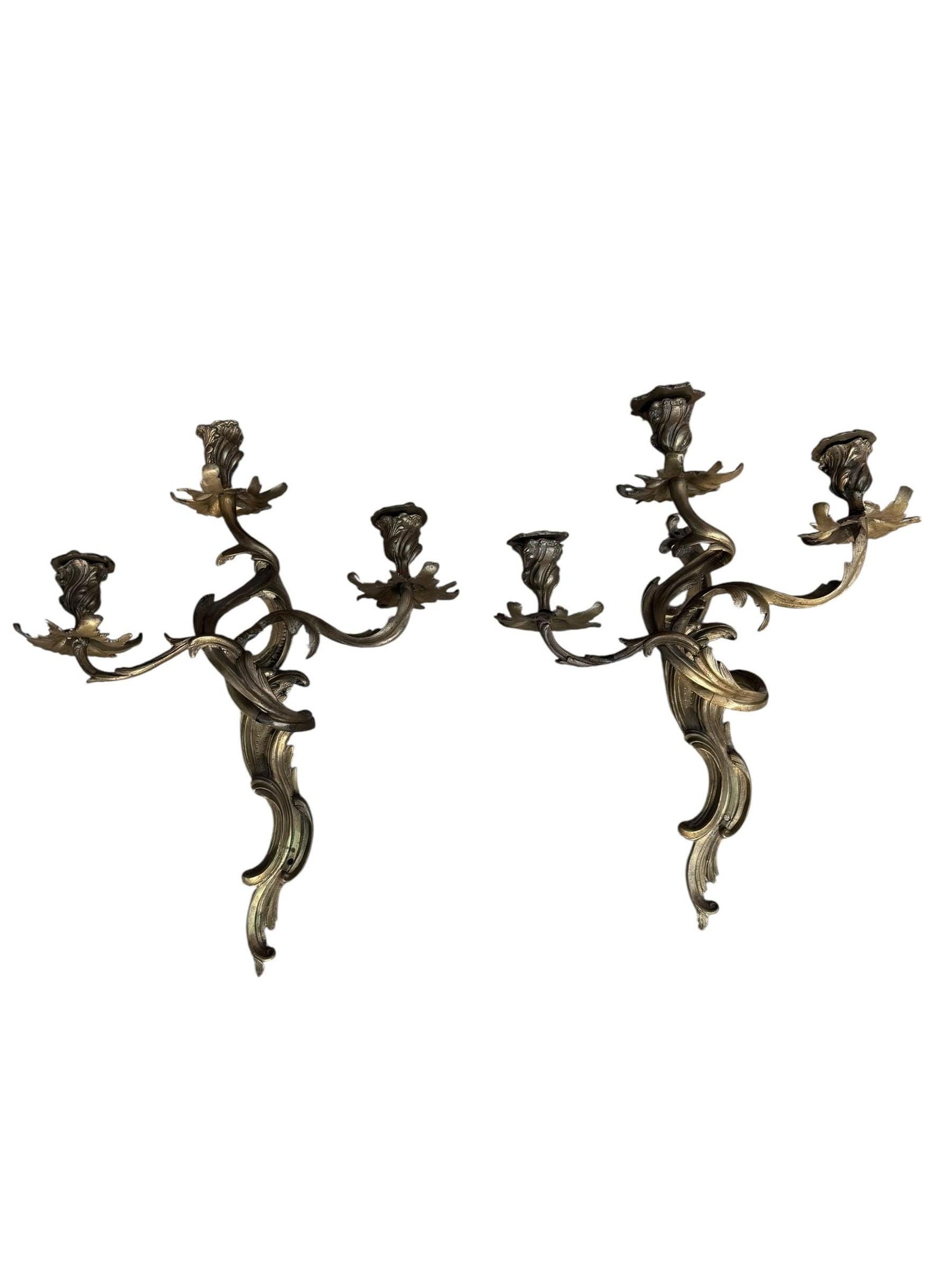 Antique French Louis XV Style Three Light Bronze Wall Candle Sconces - Pair (1 of 9)