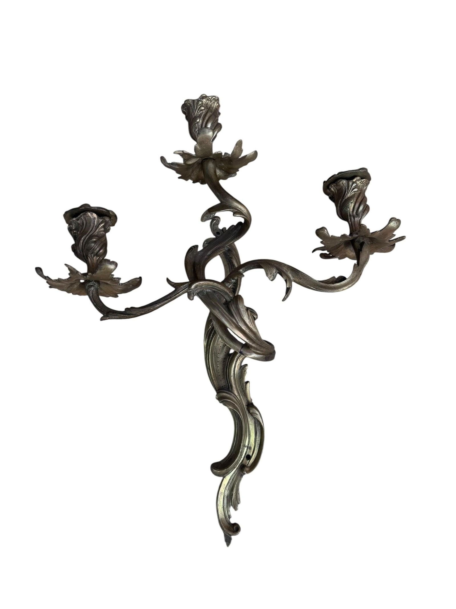 Antique French Louis XV Style Three Light Bronze Wall Candle Sconces - Pair - 3