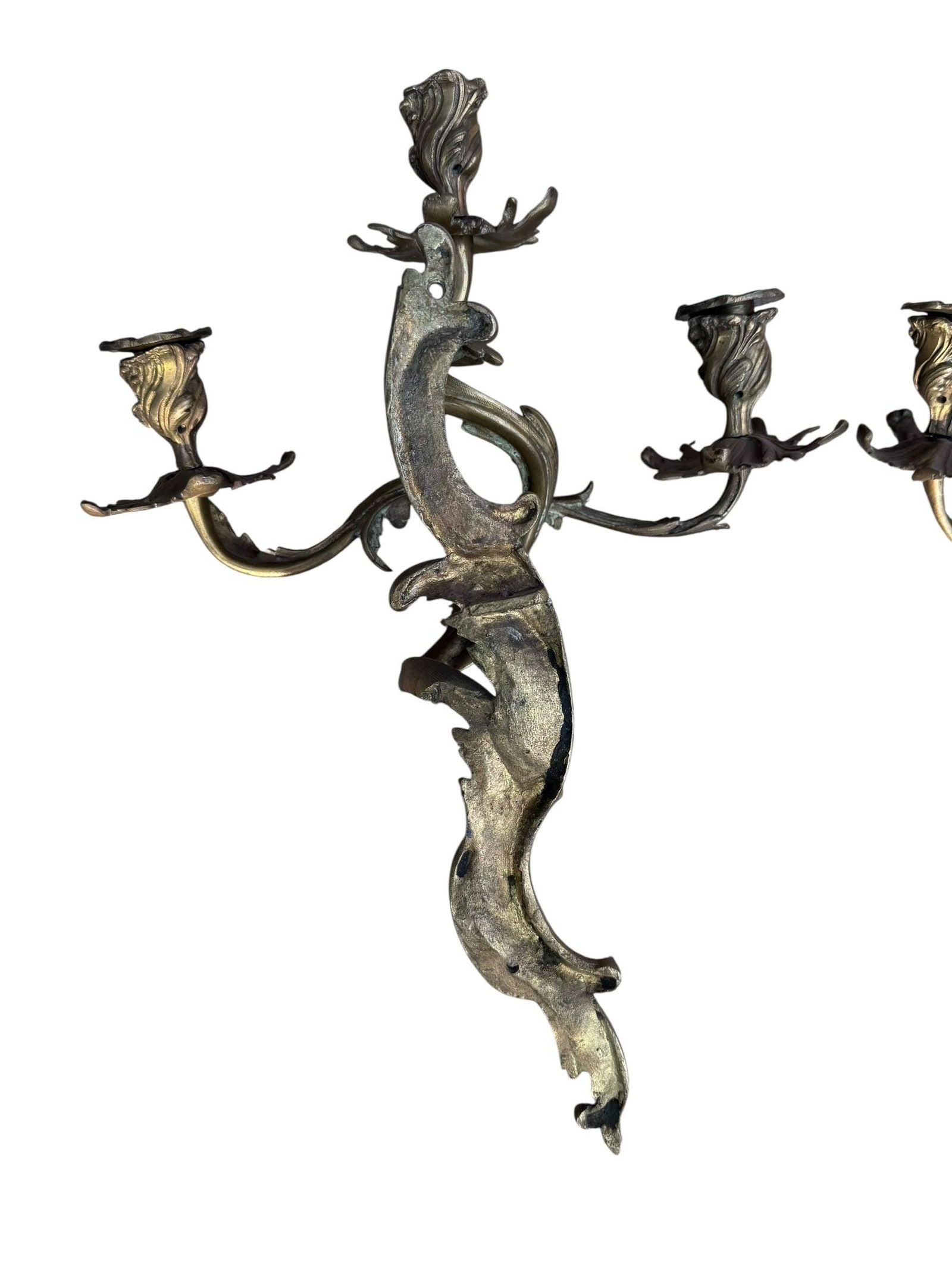 Antique French Louis XV Style Three Light Bronze Wall Candle Sconces - Pair - 6