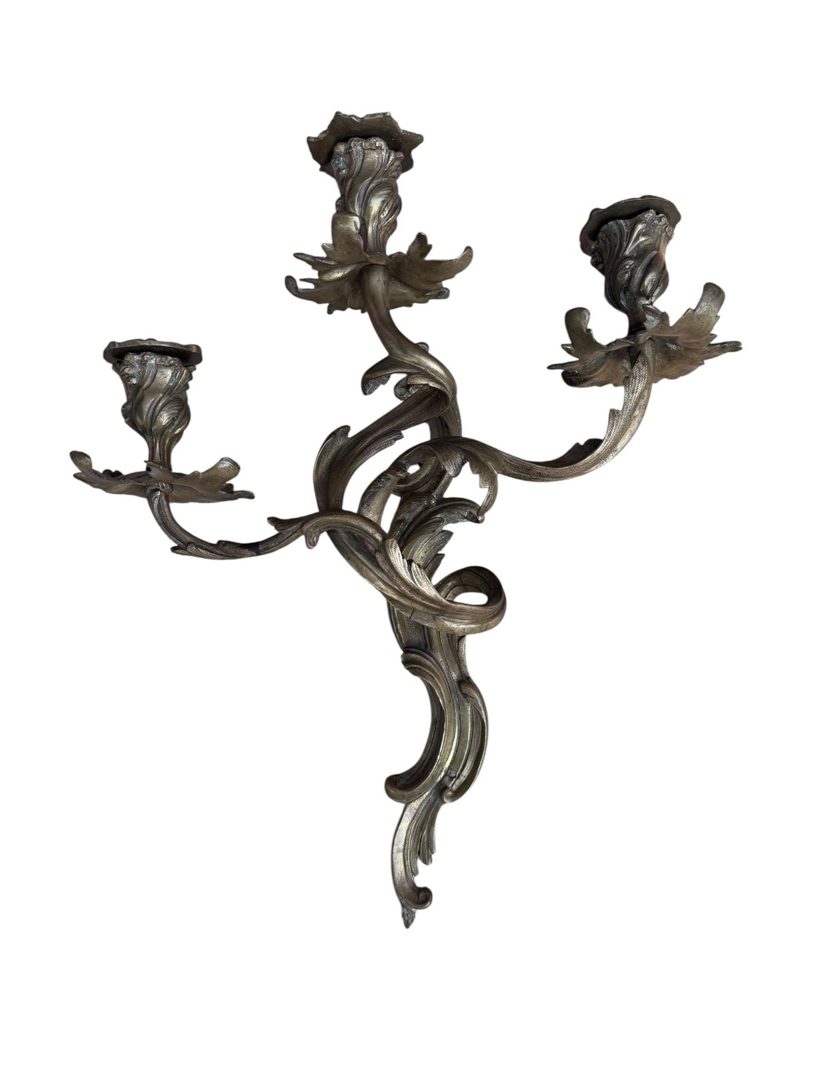 Antique French Louis XV Style Three Light Bronze Wall Candle Sconces - Pair - 7