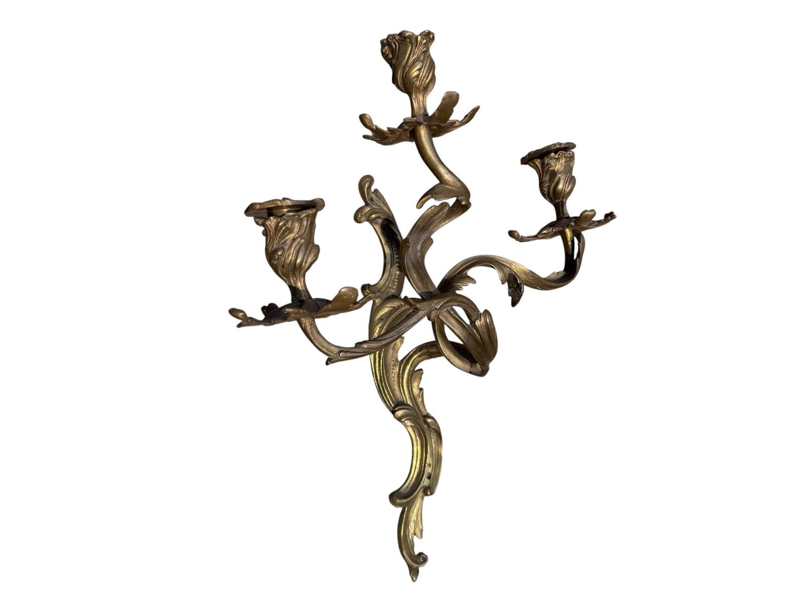 Antique French Louis XV Style Three Light Bronze Wall Candle Sconces - Pair - 8