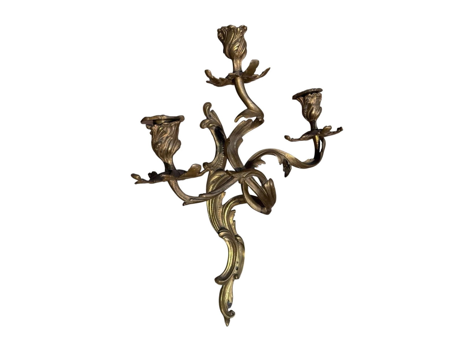 Antique French Louis XV Style Three Light Bronze Wall Candle Sconces - Pair - 9