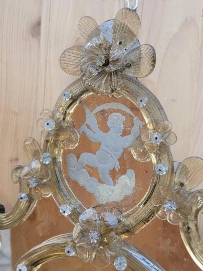 Antique Italian Venetian Etched Floral Glass Wall Mirror - Set of 2 - 6