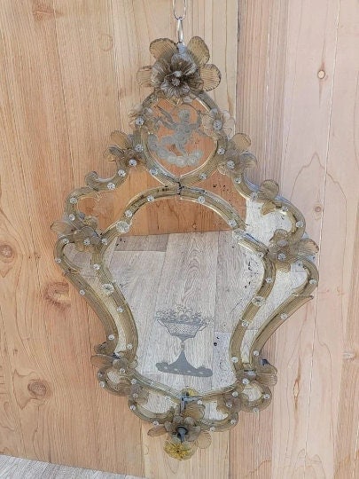 Antique Italian Venetian Etched Floral Glass Wall Mirror - Set of 2 - 8