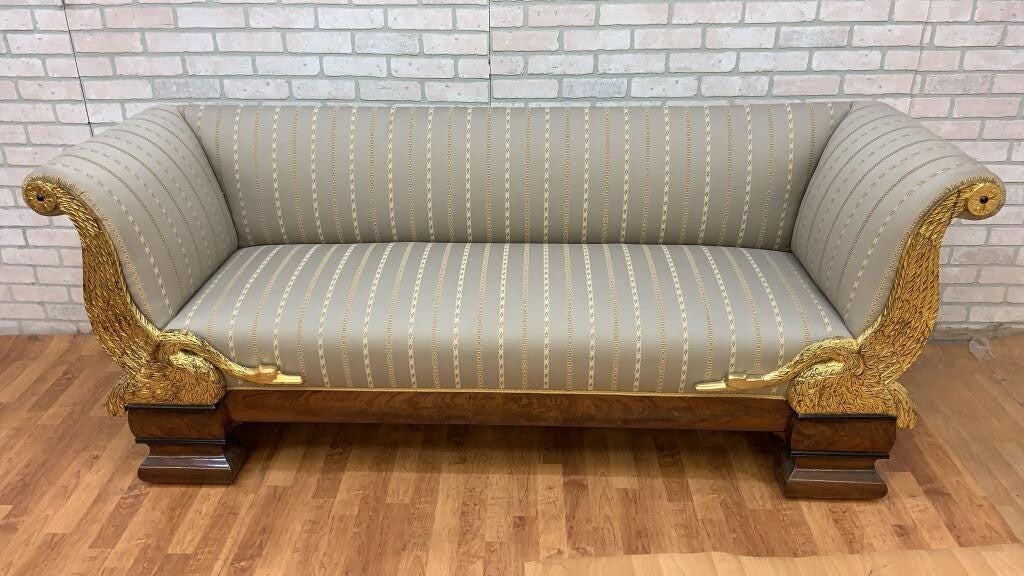 Antique Biedermeier Style Carved Flanking Gold Gilded Goose Scrolled Arm Parlor Sofa - 10