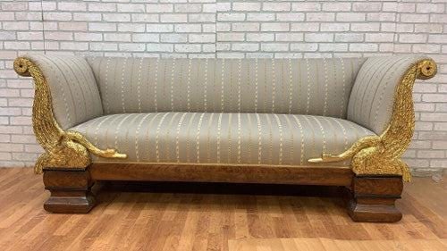 Antique Biedermeier Style Carved Flanking Gold Gilded Goose Scrolled Arm Parlor Sofa - 2
