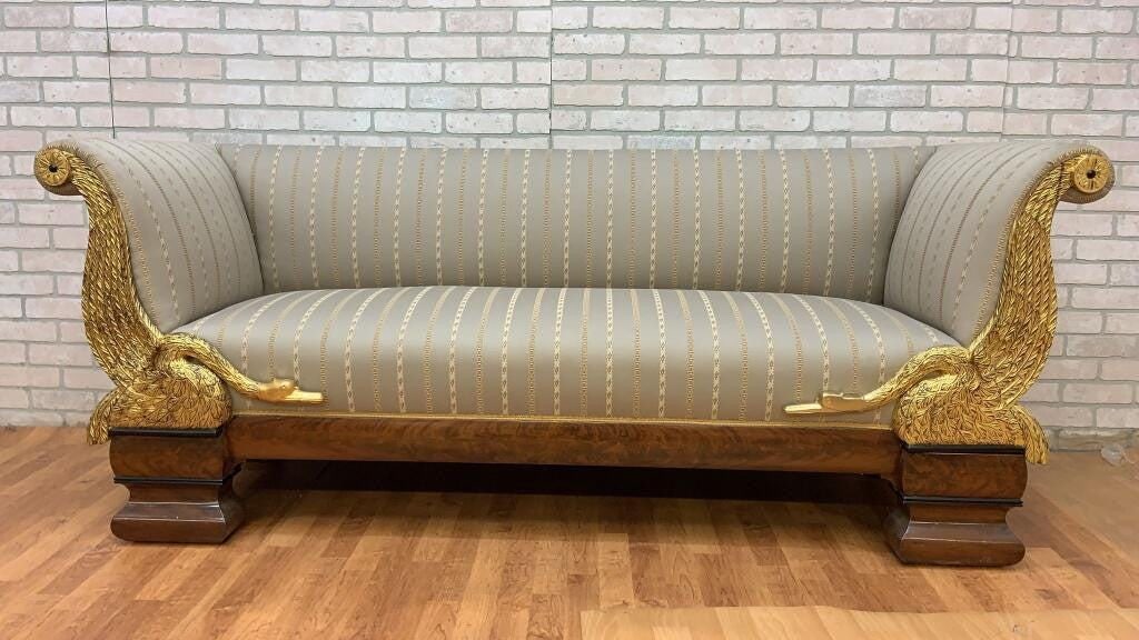 Antique Biedermeier Style Carved Flanking Gold Gilded Goose Scrolled Arm Parlor Sofa - 3