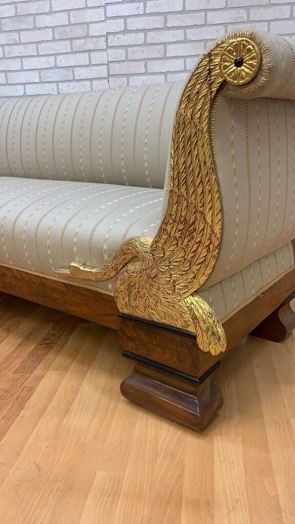 Antique Biedermeier Style Carved Flanking Gold Gilded Goose Scrolled Arm Parlor Sofa - 4