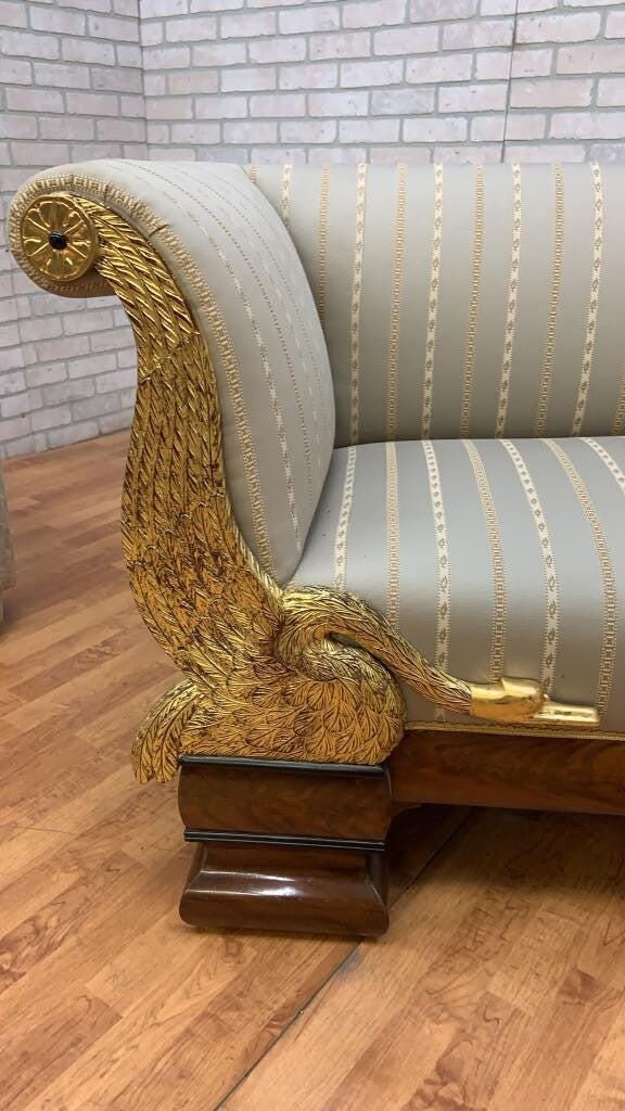 Antique Biedermeier Style Carved Flanking Gold Gilded Goose Scrolled Arm Parlor Sofa - 6