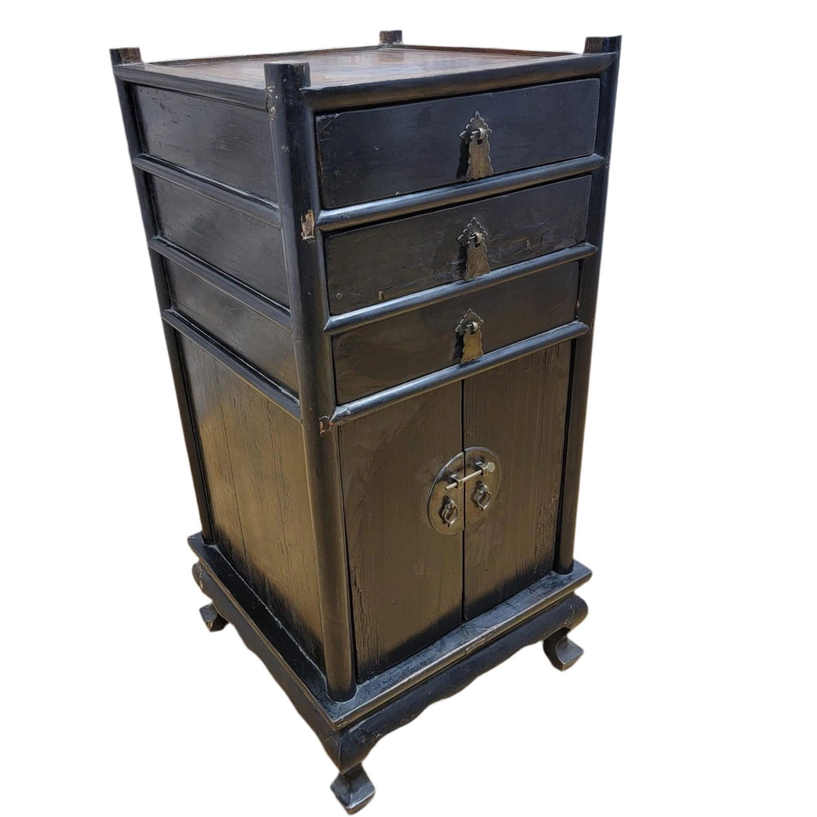 Antique Shanxi Province Elm and Black Lacquer Nightstand / Side Table with Storage - 2