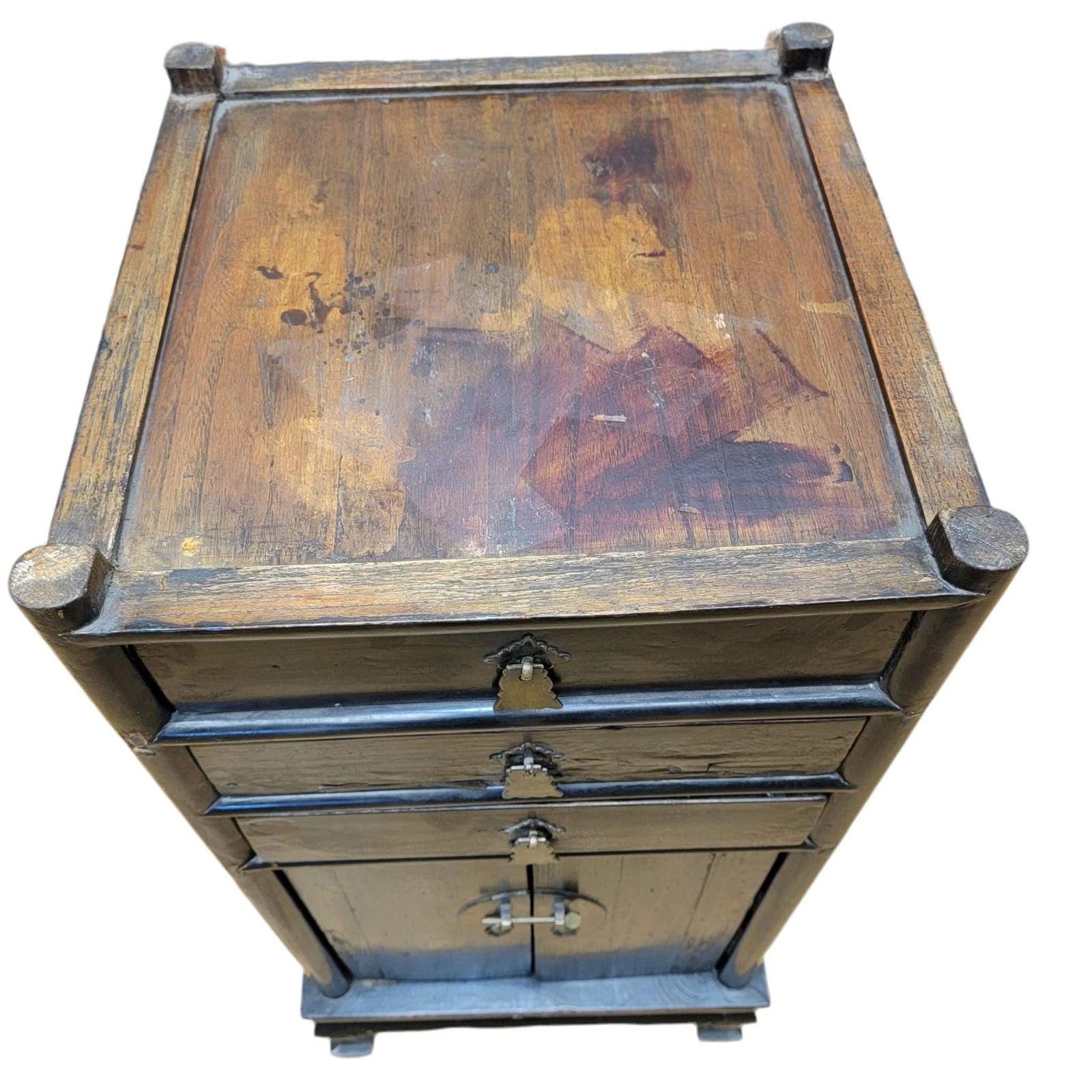 Antique Shanxi Province Elm and Black Lacquer Nightstand / Side Table with Storage - 3