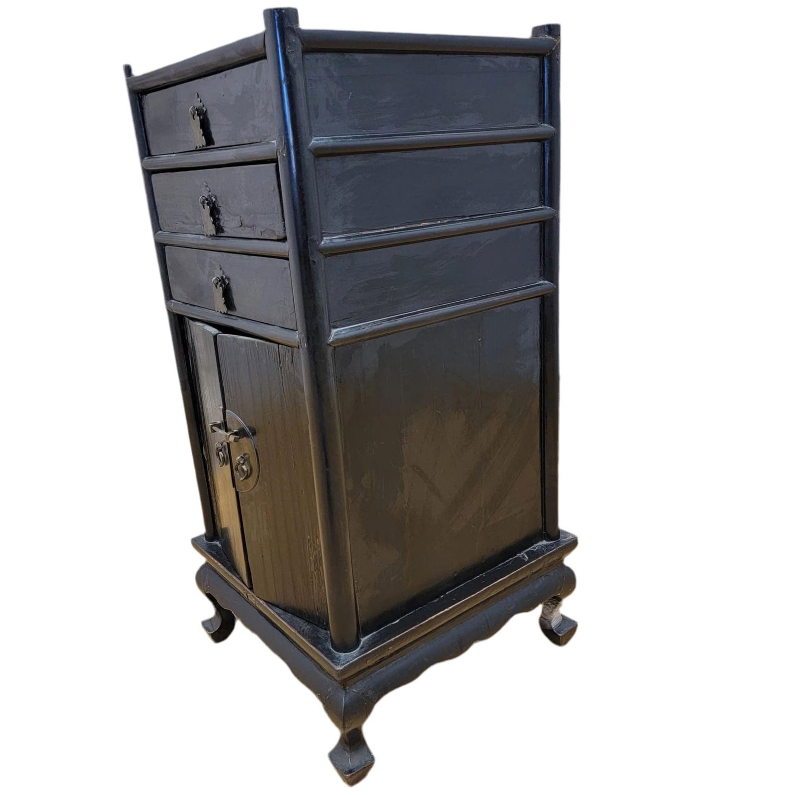 Antique Shanxi Province Elm and Black Lacquer Nightstand / Side Table with Storage - 7