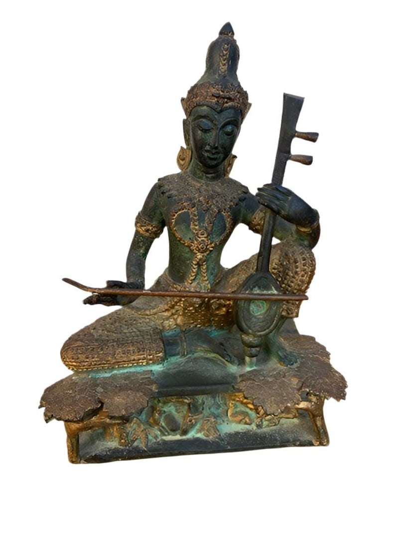 Antique Thai Prince Musician Gilded Bronze Statue Mandolin Music Player: Title: Antique Thai Prince Musician Gilded Bronze Statue Mandolin Music Player Description: Antique Thai Prince Musician Gilded Bronze Statue Mandolin Music Player Beautiful antique statue of a Thai p
