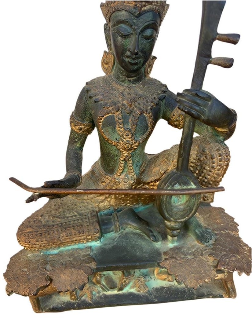 Antique Thai Prince Musician Gilded Bronze Statue Mandolin Music Player - 4