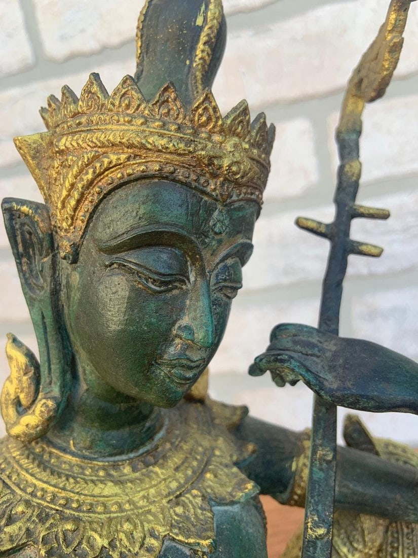 Antique Thai Prince Musician Gilded Statue Mandolin Music Player - 7