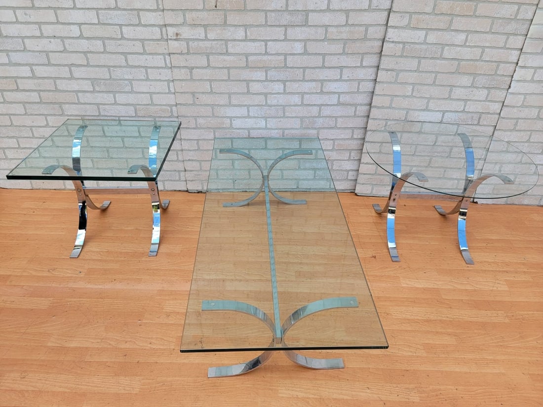 Mid Century Modern Rectangular Chrome Coffee Table and Two Side Tables - 3 Piece Set - 6