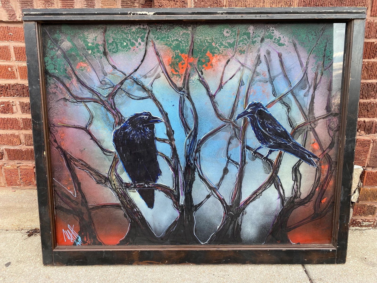 Vintage Mixed Media Glass Hanging Wall Art with Crows Signed by Mark Narens (1 of 6)