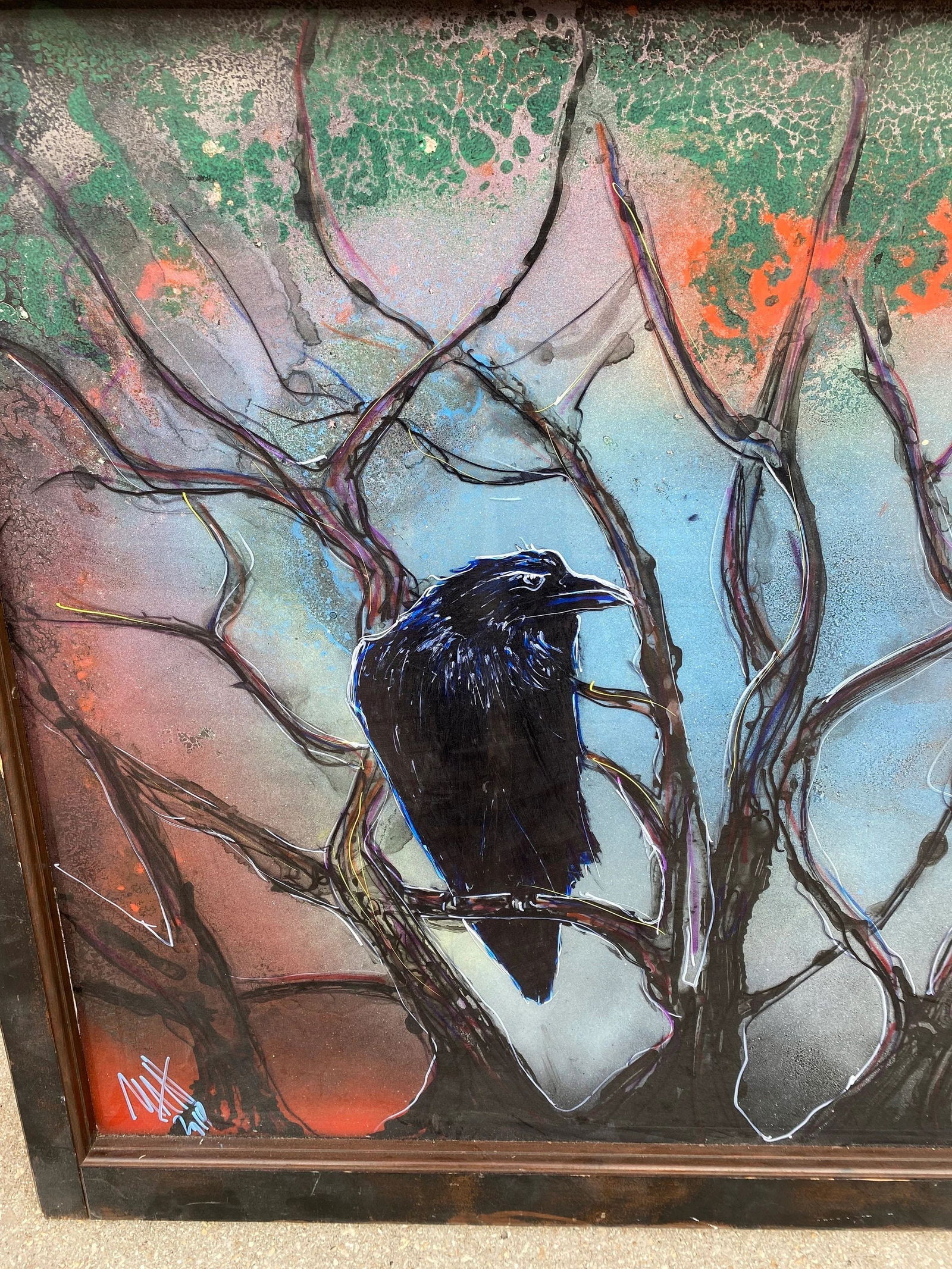 Vintage Mixed Media Glass Hanging Wall Art with Crows Signed by Mark Narens - 5
