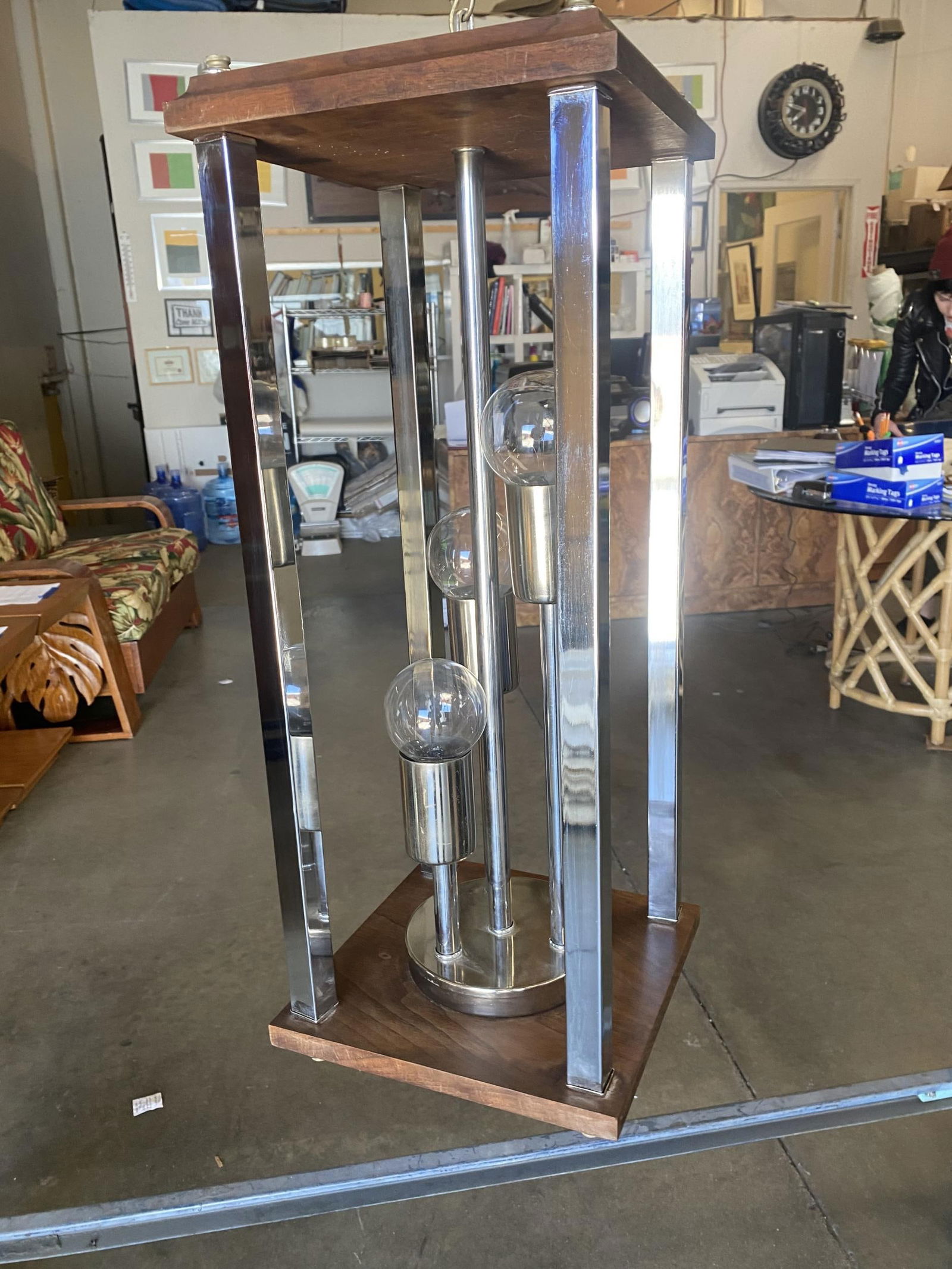 1970s Post Modern Teak and Chrome Pendant Light Fixture, Pair - 10