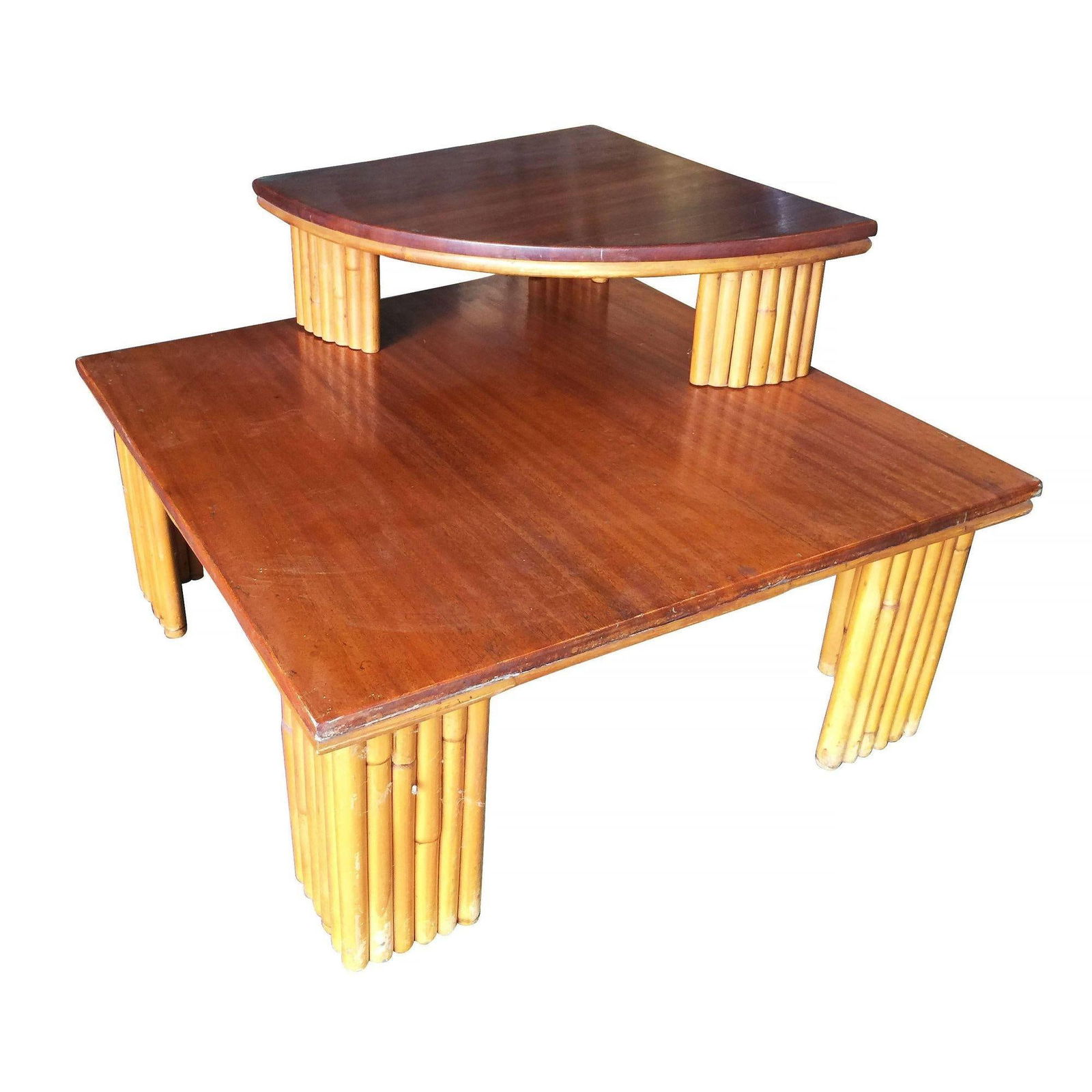 Restored Two-Tier Stacked Rattan Leg Corner Table W/ Mahogany Top - 8